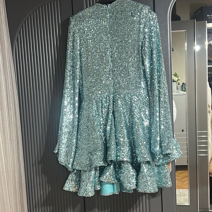 Gira Official Mint İspanyol Kol Detaylı Mini V Yaka Abiye Elbise - Görsel 4