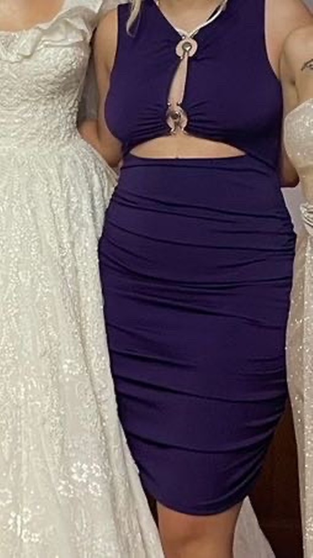 Mor Drapeli V Yaka Kısa Elbise - Görsel 5