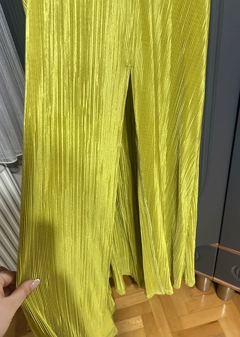 Yağ Yeşili Pilili Uzun Kadın Elbise - Görsel 3