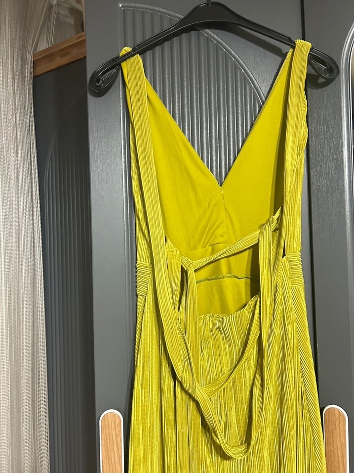 Yağ Yeşili Pilili Uzun Kadın Elbise - Görsel 5