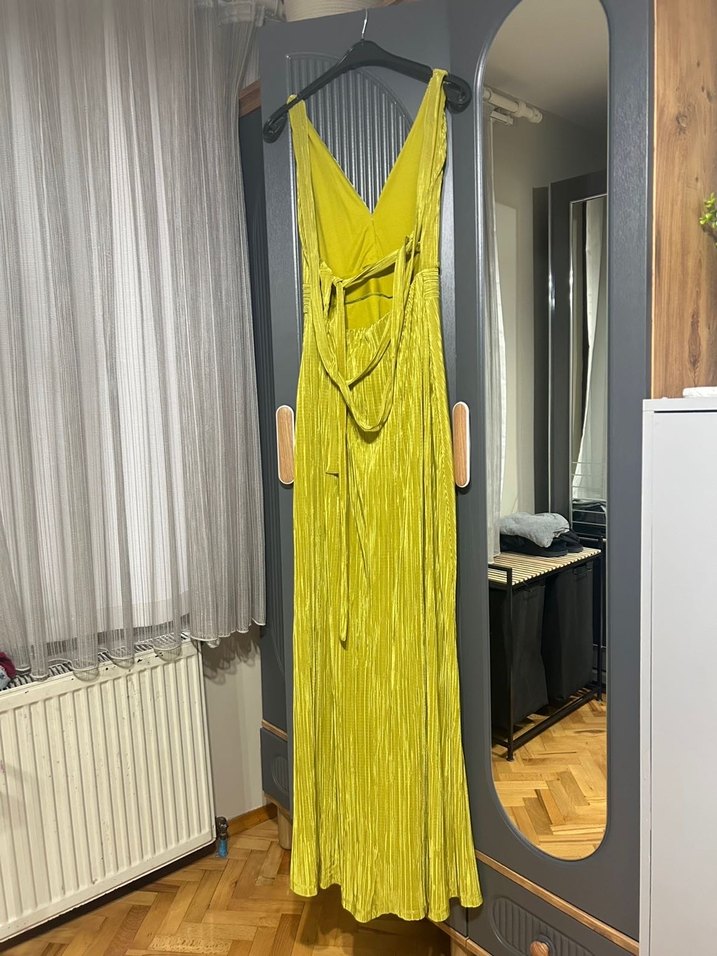 Yağ Yeşili Pilili Uzun Kadın Elbise - Görsel 4