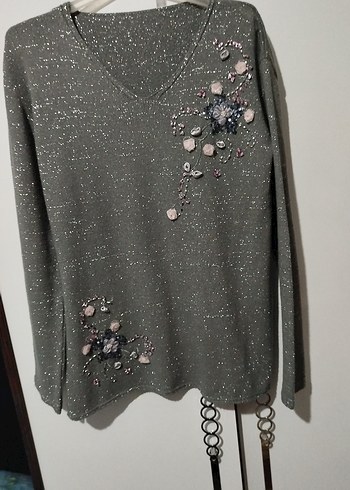 Gri Payetli Nakışlı Kadın Triko - Görsel 2
