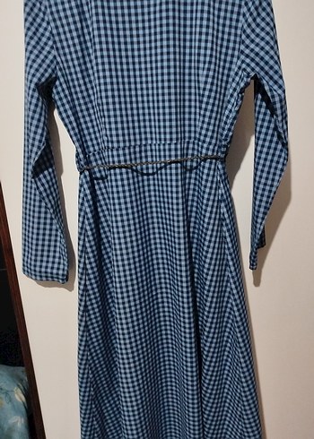 Uzun Kollu Kemerli Mavi Ekose Elbise - Görsel 2