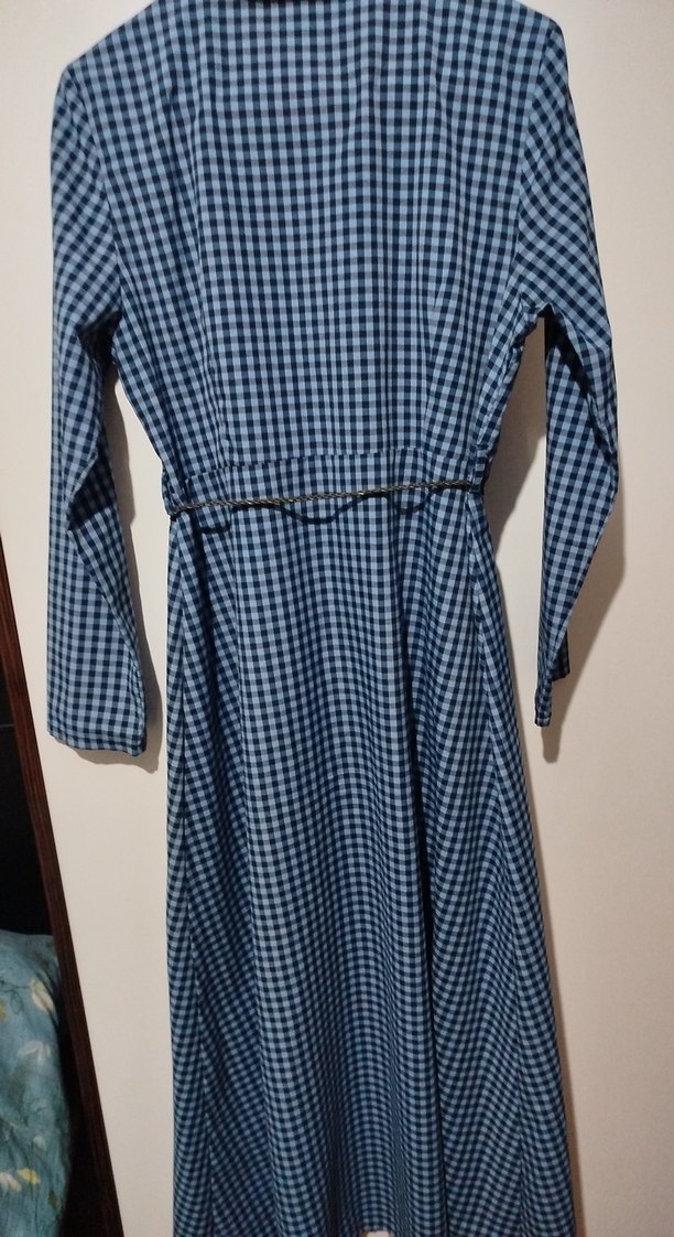 Uzun Kollu Kemerli Mavi Ekose Elbise - Görsel 2