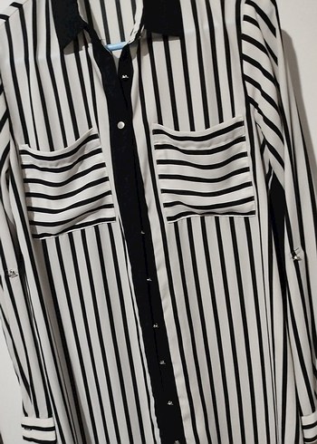 Düğmeli Çizgili Midi Kadın Gömlek - Görsel 2