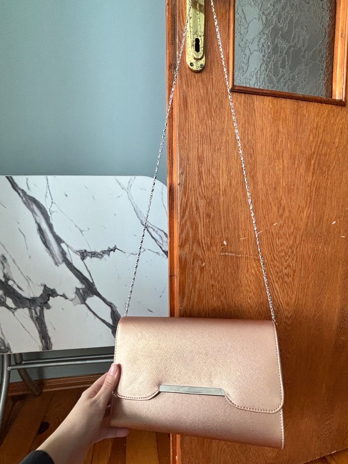 Bej Zincir Detaylı Deri Kadın abiye Çanta - Görsel 4