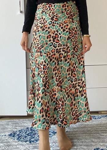 Leopar desenli saten uzun etek