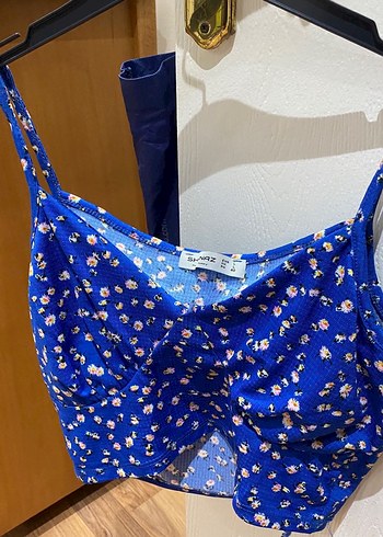 Mavi Çiçek Desenli Drapeli Mini Büstiyer - Görsel 2