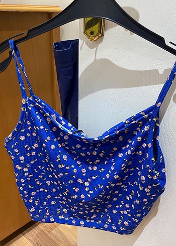 Mavi Çiçek Desenli Drapeli Mini Büstiyer - Görsel 4