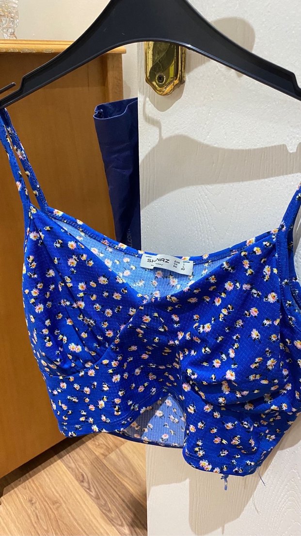 Mavi Çiçek Desenli Drapeli Mini Büstiyer - Görsel 2