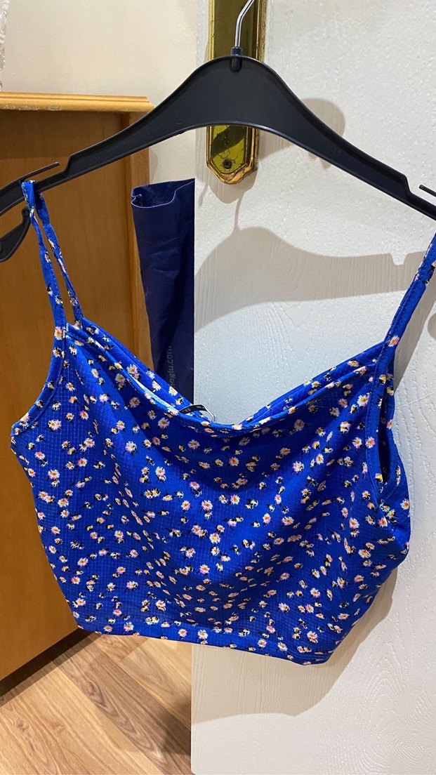 Mavi Çiçek Desenli Drapeli Mini Büstiyer - Görsel 4