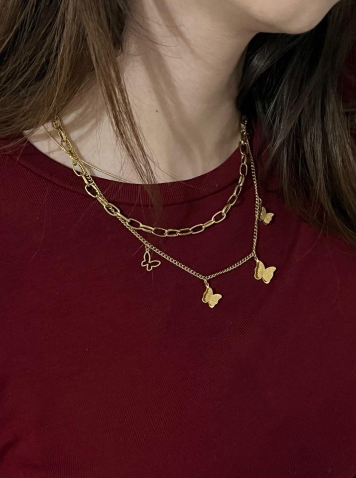 Çelik Kelebek Detaylı Gold Renk Kolye - Görsel 2