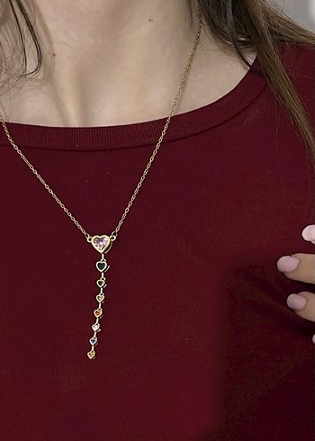 Çelik Kalp Detaylı Renkli Kadın Kolye - Görsel 3