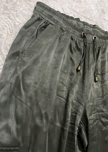 Kadın Haki Saten Bol Kesim Kemerli Pantolon - Görsel 5