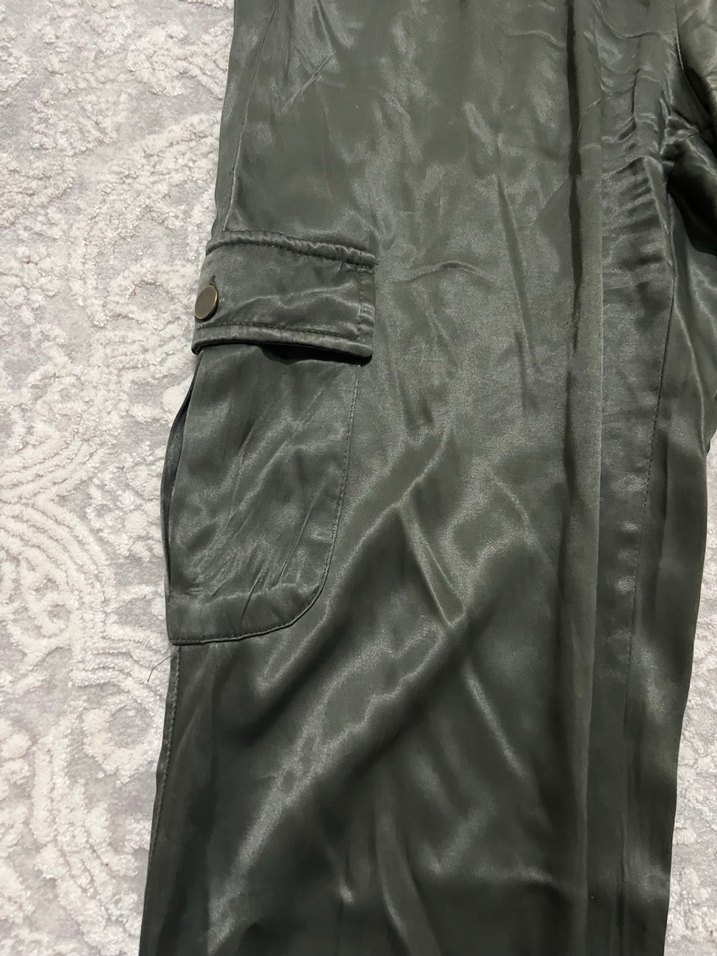 Kadın Haki Saten Bol Kesim Kemerli Pantolon - Görsel 3