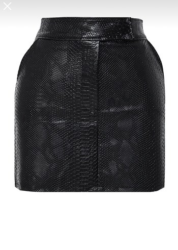 Siyah Yılan Derisi Desenli Deri Mini Etek - Görsel 3