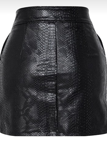 Siyah Yılan Derisi Desenli Deri Mini Etek - Görsel 4