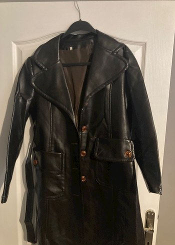 Kahverengi Uzun Deri Kadın Ceket - Görsel 4