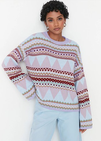 Bol Kesim Çok Renkli Bohem Kadın Triko - Görsel 2