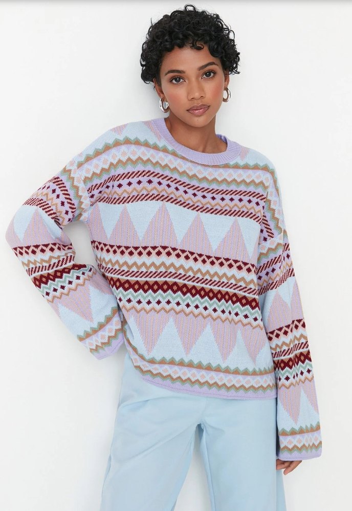 Bol Kesim Çok Renkli Bohem Kadın Triko - Görsel 2