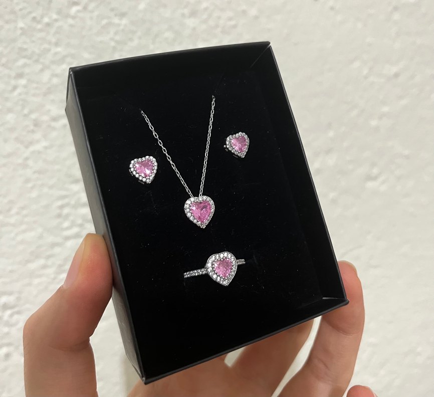 Pembe Kalp Desenli Kadın Gümüş Takı Seti - Görsel 2