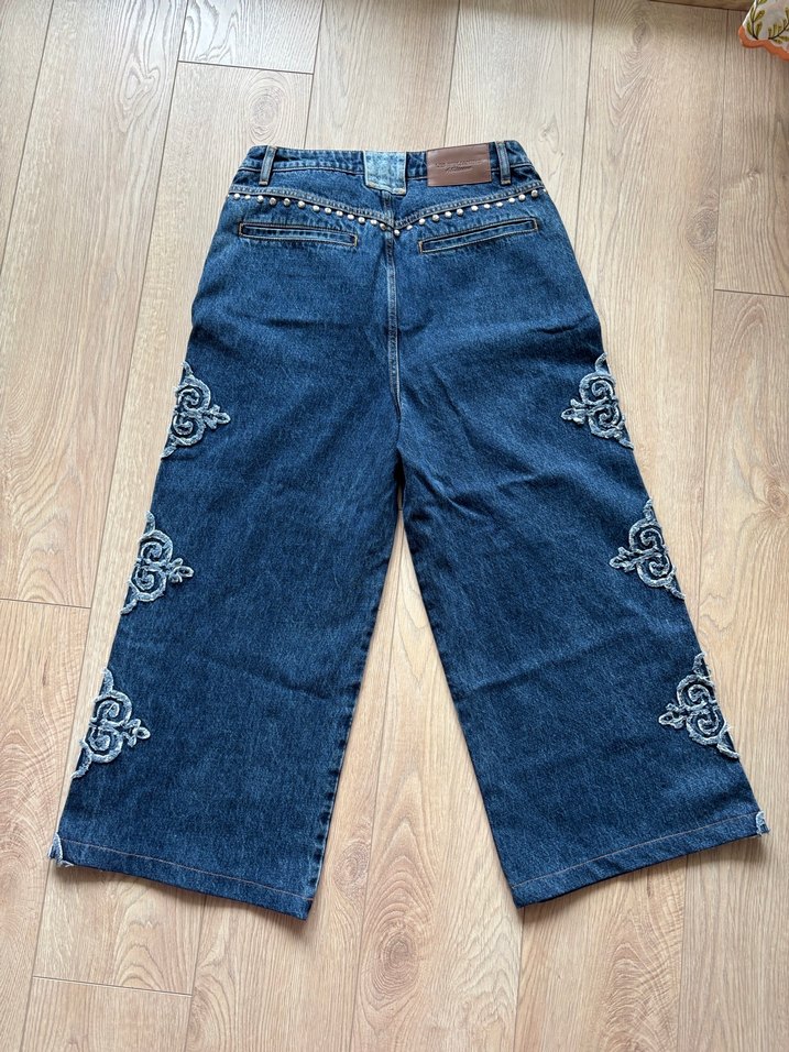 LES BENJAMIS Nakışlı Düğmeli Lacivert Bol Kesim Kadın Kot - Görsel 2