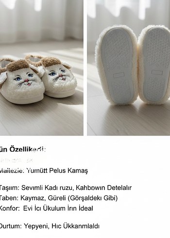 Beyaz Kedi Figürlü Peluş Ev Terliği 34 Numara - Görsel 2