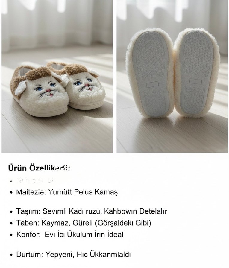 Beyaz Kedi Figürlü Peluş Ev Terliği 34 Numara - Görsel 2