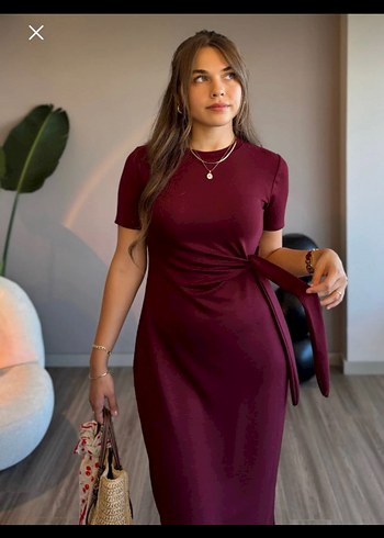 Bordo Midi Elbise - Görsel 4