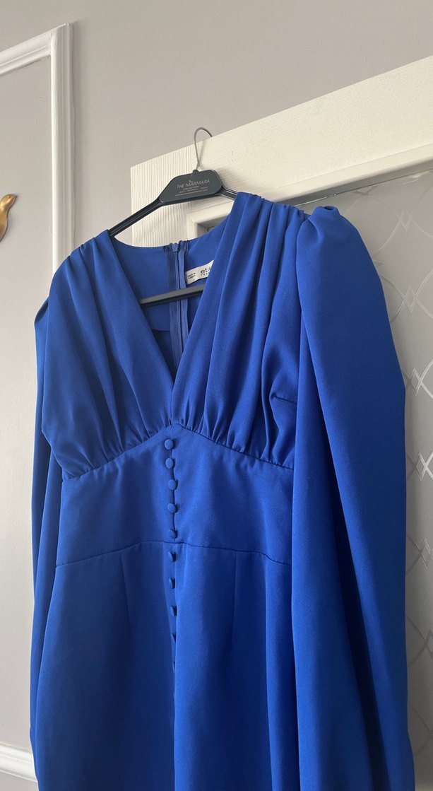 Düğmeli Parlak Mavi Midi Elbise - Görsel 5