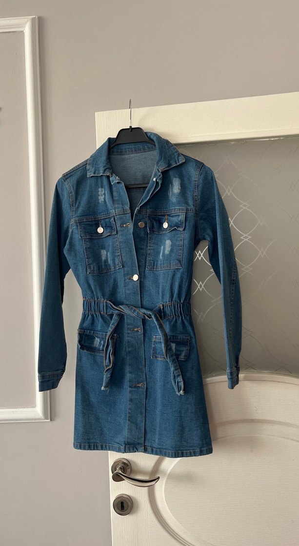 Kemerli Mavi Kadın Denim elbise - Görsel 4