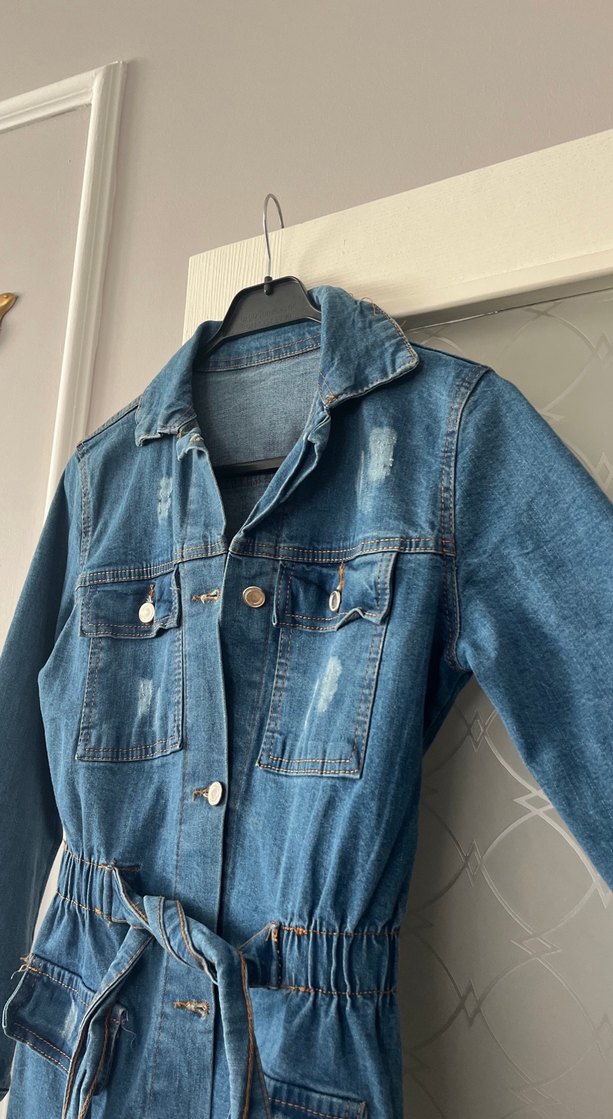 Kemerli Mavi Kadın Denim elbise - Görsel 2