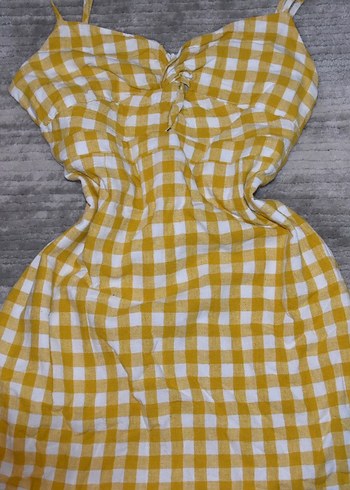 Sarı Ekose Desenli Mini Elbise - Görsel 2