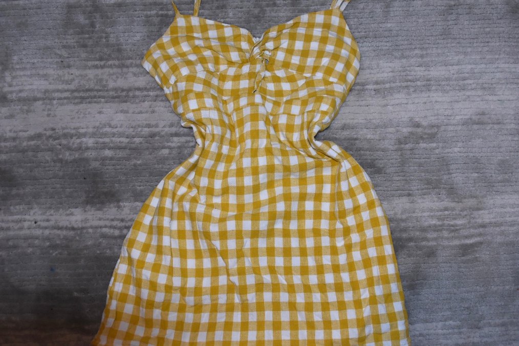 Sarı Ekose Desenli Mini Elbise - Görsel 2