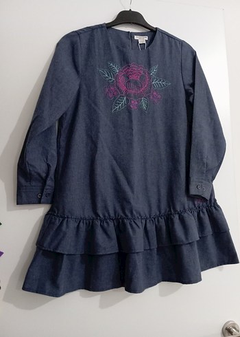 Nakışlı Fırfırlı Uzun Kollu Kız Kot Elbise - Görsel 2