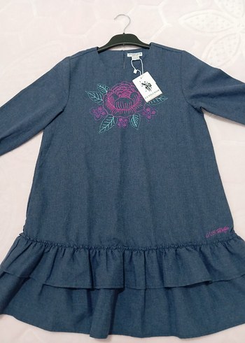 Nakışlı Fırfırlı Uzun Kollu Kız Kot Elbise - Görsel 4