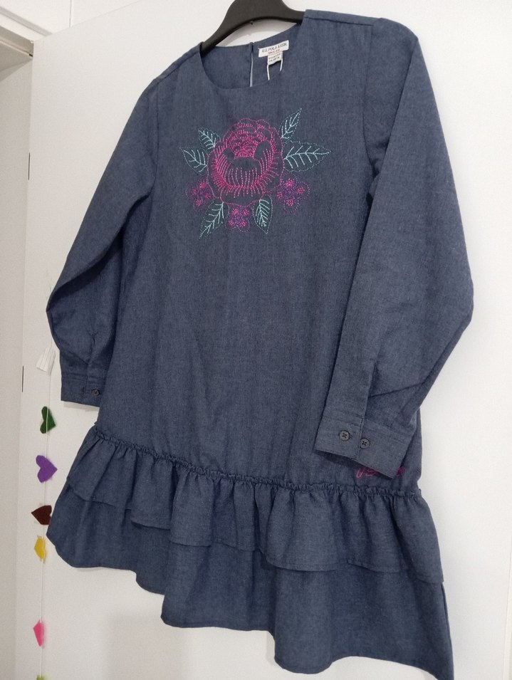 Nakışlı Fırfırlı Uzun Kollu Kız Kot Elbise - Görsel 3