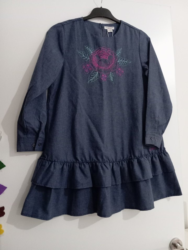 Nakışlı Fırfırlı Uzun Kollu Kız Kot Elbise - Görsel 2