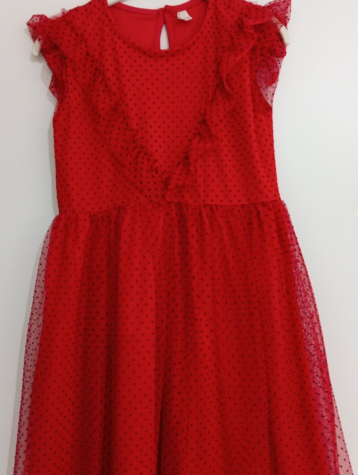 Kız Çocuk Kırmızı Puantiyeli Fırfırlı Elbise - Görsel 4