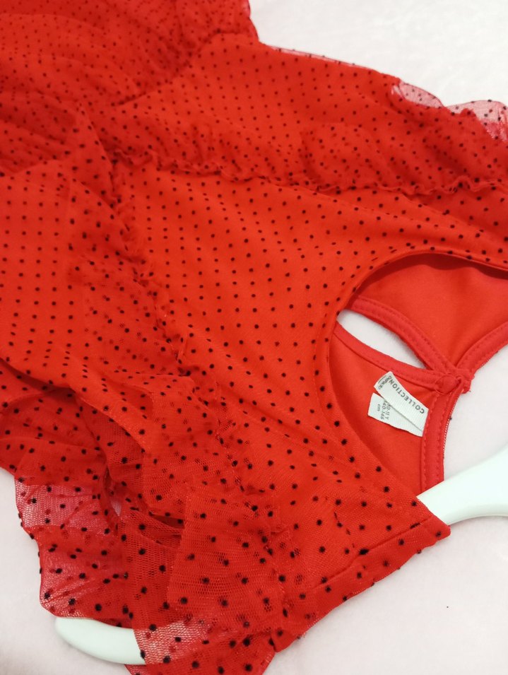 Kız Çocuk Kırmızı Puantiyeli Fırfırlı Elbise - Görsel 5