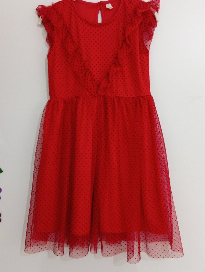 Kız Çocuk Kırmızı Puantiyeli Fırfırlı Elbise - Görsel 3