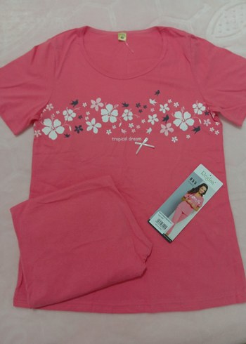 Pembe Çiçek Desenli Kısa Kollu Kadın Pijama - Görsel 4