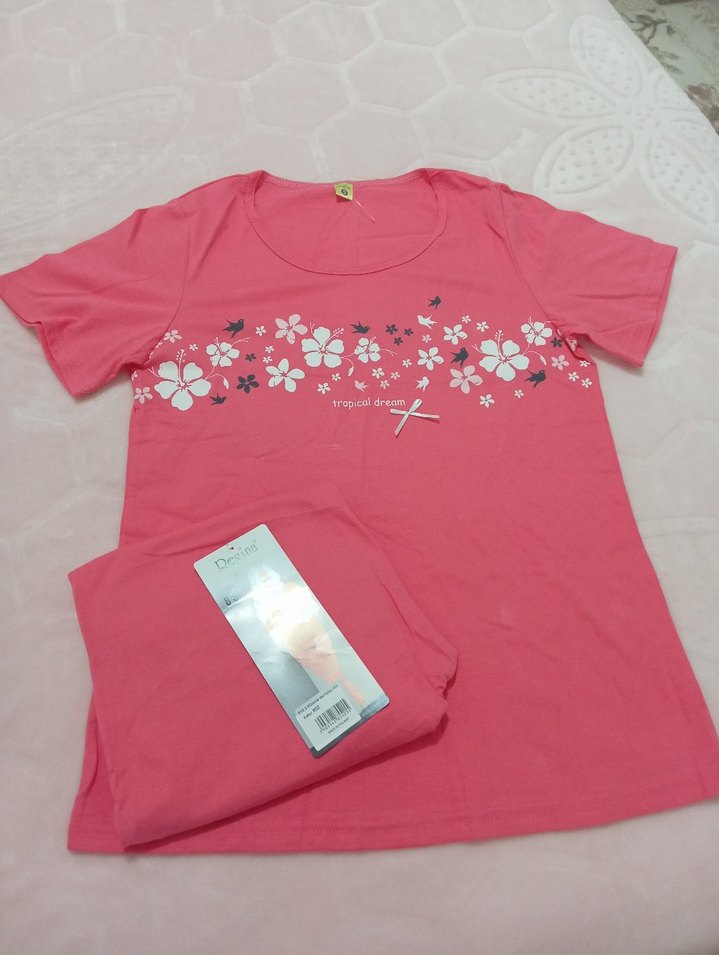 Pembe Çiçek Desenli Kısa Kollu Kadın Pijama - Görsel 2