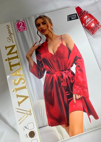 Parlak Kırmızı Mini Saten Gecelik Takımı - Görsel 2