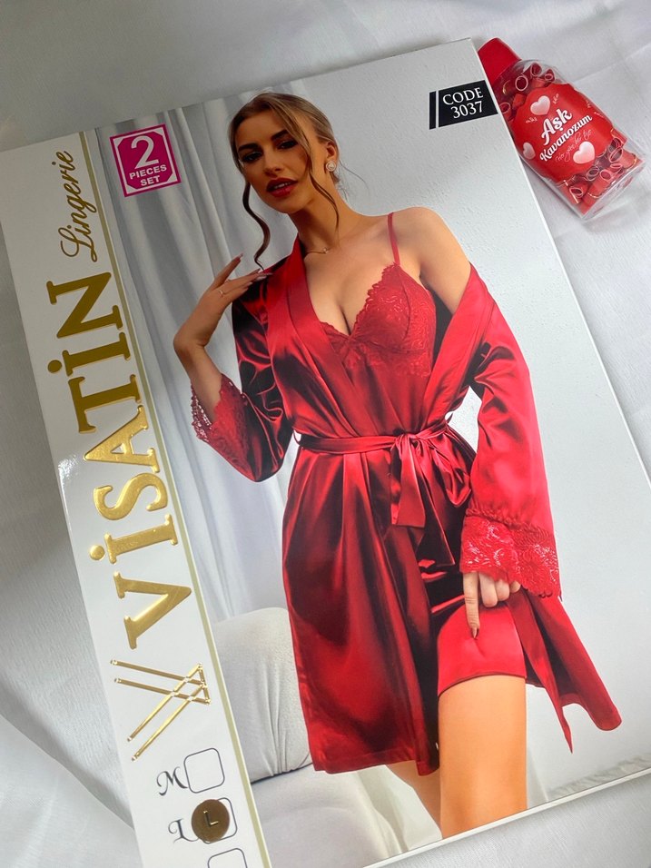 Parlak Kırmızı Mini Saten Gecelik Takımı - Görsel 2