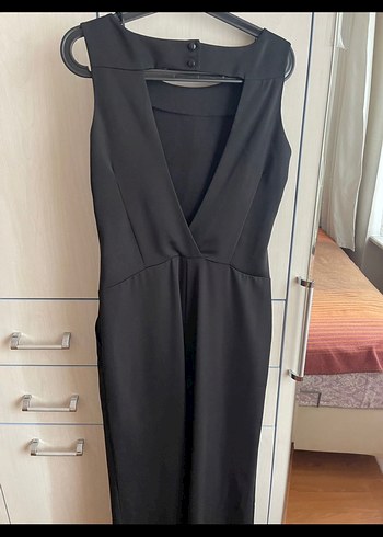 Siyah V Yakalı Uzun Kadın Tulum - Görsel 4