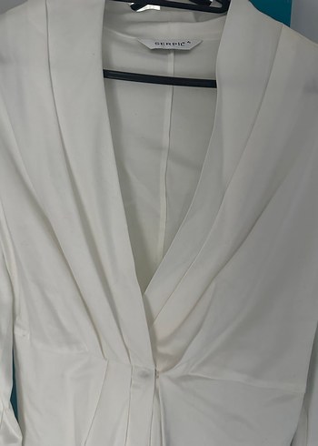 Beyaz Keten V Yaka Drapeli Kadın Gömlek - Görsel 4