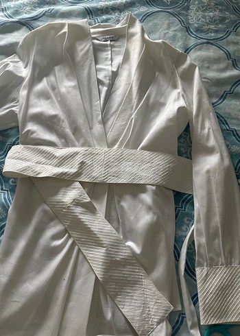 Beyaz Keten V Yaka Drapeli Kadın Gömlek - Görsel 6