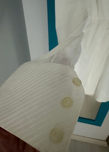 Beyaz Keten V Yaka Drapeli Kadın Gömlek - Görsel 2