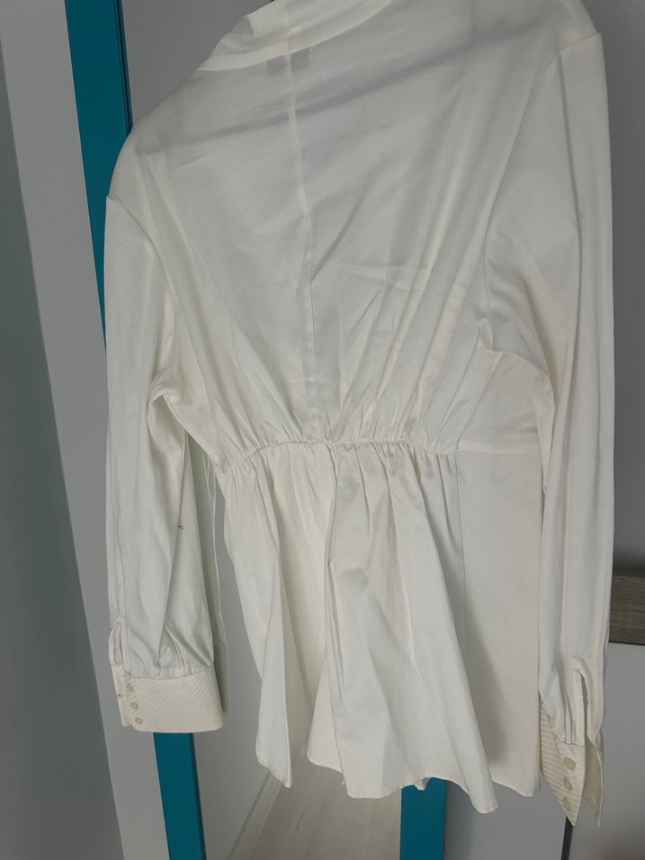 Beyaz Keten V Yaka Drapeli Kadın Gömlek - Görsel 5